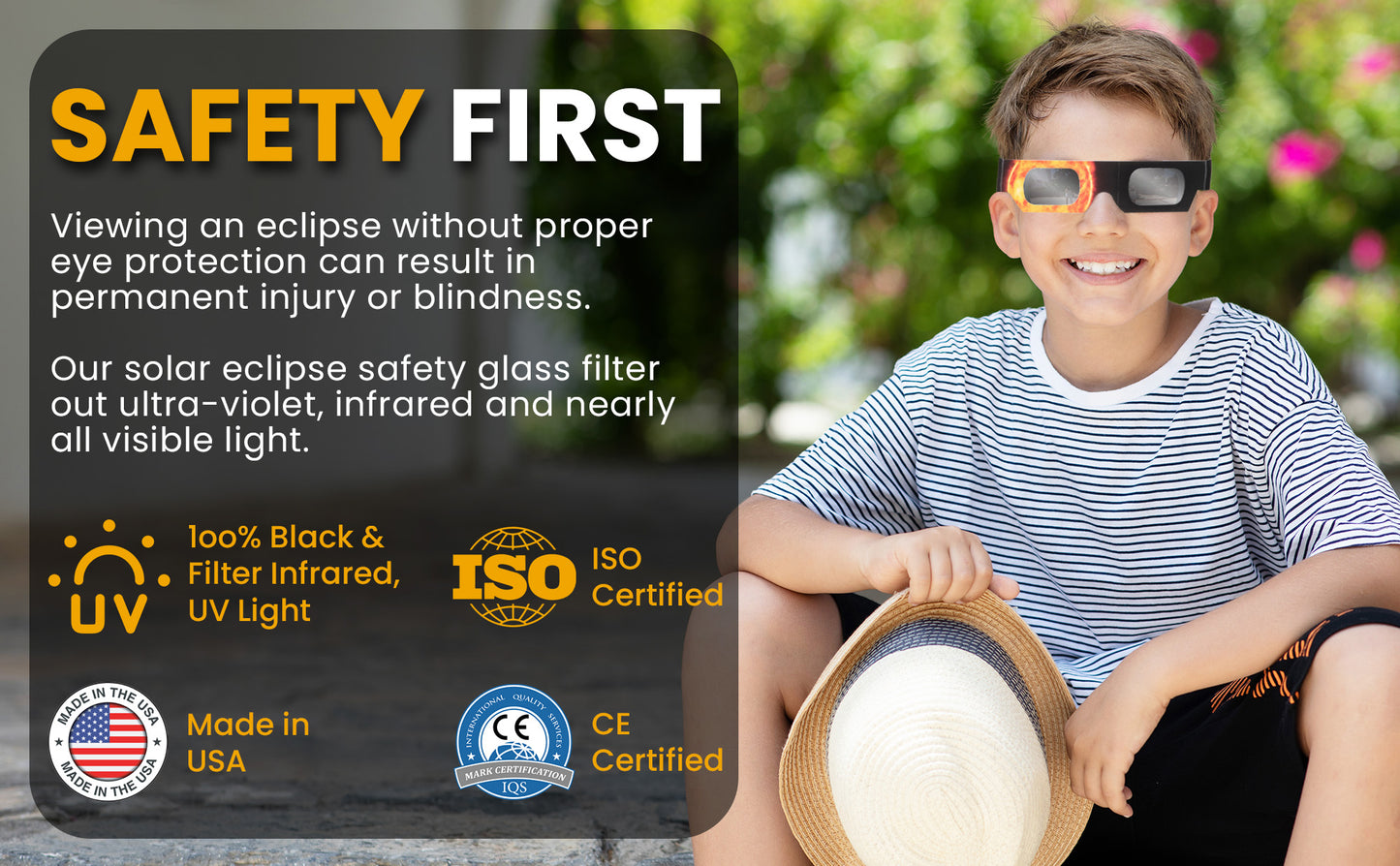 Solar Eclipse Safety Glasses (Single Pair) Blocks 100% of Harmful UV & IR Light for Safe Viewing, CE and ISO Certified, Made in the USA